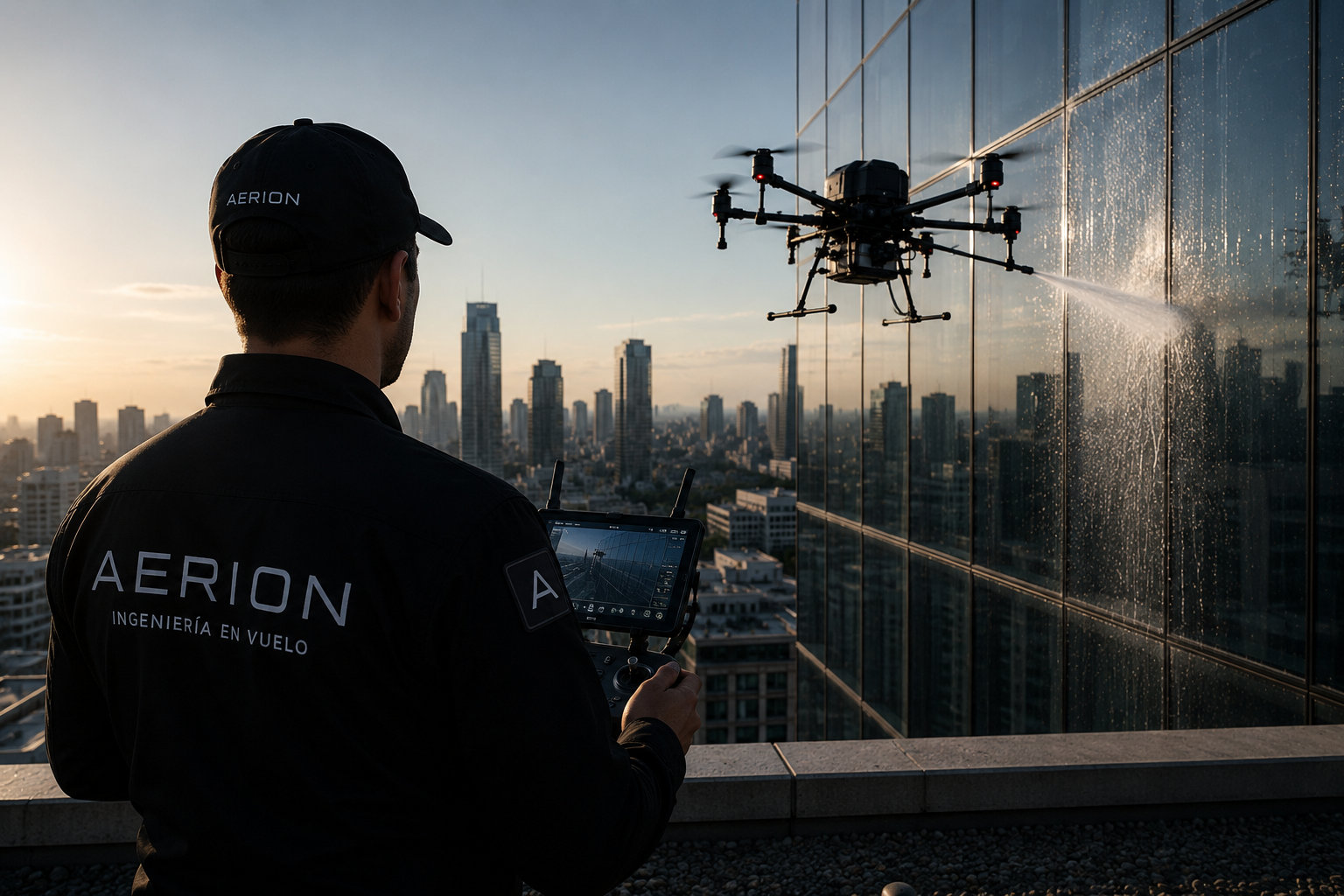 Operador Aerion pilotando un dron de limpieza frente a una torre de cristal