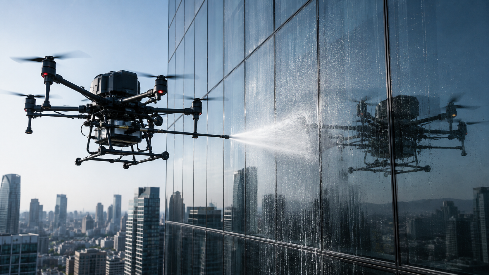 Dron industrial lavando el cristal de un rascacielos con agua a presión