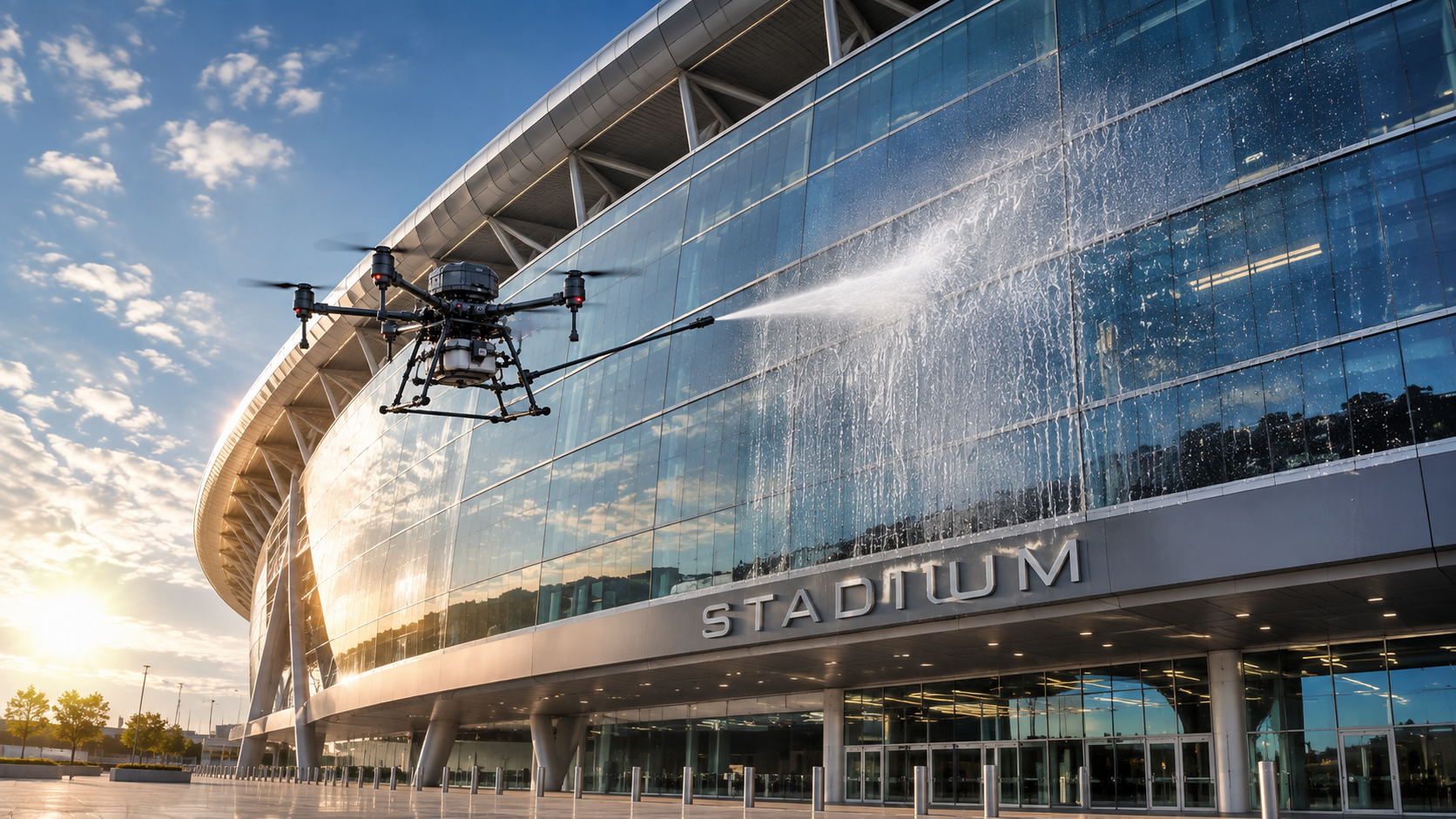 Dron limpiando la fachada curva de vidrio de un estadio