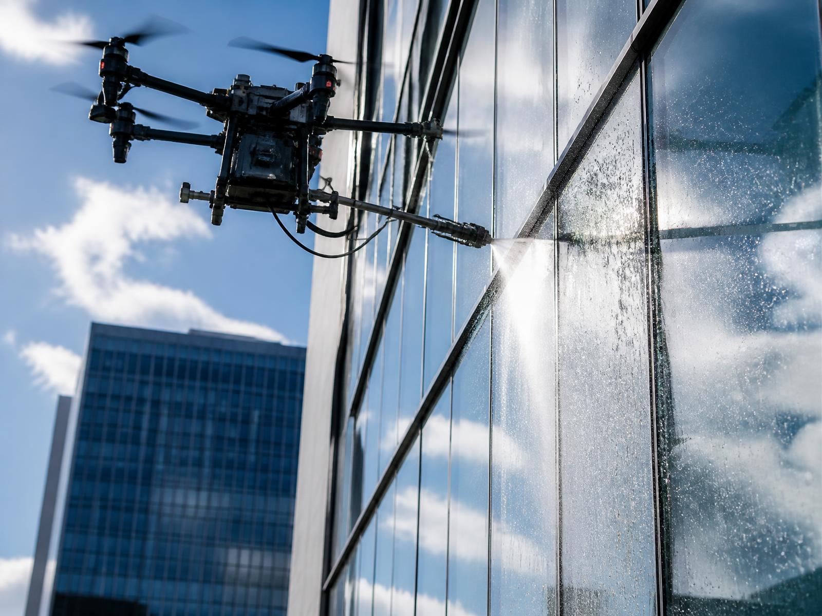 Dron industrial aplicando agua a presión sobre el cristal de una torre corporativa