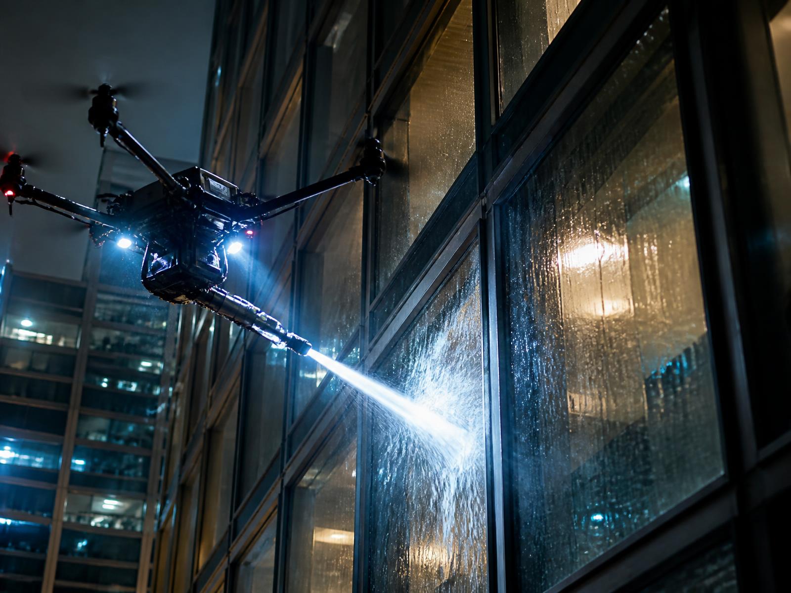Dron con iluminación LED limpiando una fachada de edificio durante la noche